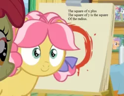Size: 729x567 | Tagged: safe, derpibooru import, edit, edited screencap, screencap, apple bloom, kettle corn, rainbow dash, rarity, tender taps, earth pony, pony, marks and recreation, bow, canvas, circle, circle painting, clubhouse, colt, cropped, crusaders clubhouse, easel, equation, female, filly, foal, geometry, haiku, hair bow, male, pictures, smiling, solo focus, text