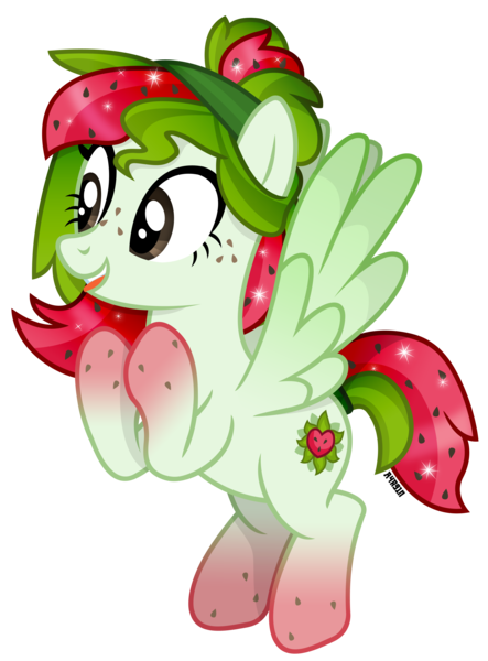 Size: 2880x3900 | Tagged: safe, artist:a4r91n, derpibooru import, oc, oc:watermelana, unofficial characters only, pegasus, pony, biting, flying, food, freckles, gradient hooves, multicolored hair, simple background, tongue bite, transparent background, vector