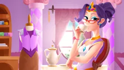 Size: 1920x1080 | Tagged: artist:didj, carousel boutique, clothes, crown, cup, derpibooru import, female, food, glasses, human, humanized, jewelry, my little mages, raritea, rarity, regalia, safe, solo, tea, teacup, teapot