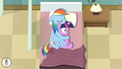 Size: 1024x577 | Tagged: safe, artist:xytranix, derpibooru import, rainbow dash, twilight sparkle, twilight sparkle (alicorn), alicorn, pegasus, pony, bed, cuddling, female, hospital bed, lesbian, shipping, show accurate, spooning, twidash