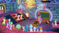Size: 1920x1080 | Tagged: safe, derpibooru import, screencap, auburn vision, berry blend, berry bliss, citrine spark, citrus bit, cozy glow, fire quacker, gallus, gooseberry, huckleberry, november rain, ocellus, peppermint goldylinks, sandbar, silverstream, slate sentiments, smolder, spike, strawberry scoop, summer meadow, twilight sparkle, twilight sparkle (alicorn), yona, alicorn, dragon, earth pony, pegasus, pony, a matter of principals, alicornified, amulet, amulet of aurora, animation error, boomerang (tv channel), clover the clever's cloak, crown, crown of grover, female, filly, friendship student, helm of yickslur, helmet, jewelry, knuckerbocker's shell, lecture hall, race swap, regalia, school of friendship, shell, spot the alicorn, student six, summercorn, talisman of mirage, winged spike