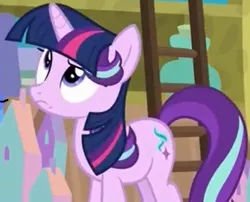 Size: 413x333 | Tagged: safe, derpibooru import, edit, edited screencap, screencap, starlight glimmer, pony, unicorn, a matter of principals, cropped, female, ladder, mare, not twilight sparkle, solo, twilight wig, wig