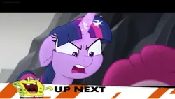 Size: 1274x724 | Tagged: safe, derpibooru import, edit, edited screencap, screencap, pinkie pie, twilight sparkle, twilight sparkle (alicorn), alicorn, my little pony: the movie, 1000 hours in ms paint, ad banner, argument, banner, exploitable meme, forced meme, glowing horn, image, inappropriate timing spongebob banner, laughing, meme, ms paint, nickelodeon, png, spongebob laughs at your misery, spongebob squarepants, spongebob squarepants (character), yelling