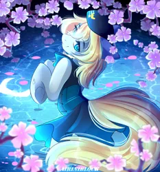 Size: 3513x3777 | Tagged: safe, artist:airiniblock, derpibooru import, oc, oc:rafale, unofficial characters only, earth pony, pony, clothes, digital art, female, flower, hat, looking at you, mare, pond, rcf community, signature, smiling, solo, ych result