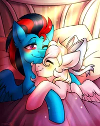 Size: 2000x2500 | Tagged: safe, artist:bigmoon206, derpibooru import, oc, oc:andrew swiftwing, oc:bay breeze, unofficial characters only, pegasus, pony, bed, blanket, blushing, bow, couple, eyes closed, female, hair bow, male, mare, pillow, snuggling, stallion, swiftbreeze, wings