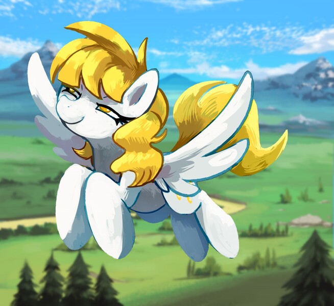 Size: 1280x1175 | Tagged: safe, artist:blitzdrachin, derpibooru import, oc, oc:golden showers, unofficial characters only, pegasus, pony, colored, evil grin, female, flying, grin, mare, mountain, scenery, smiling, solo, wings