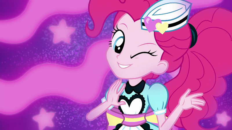 Size: 1920x1080 | Tagged: safe, derpibooru import, screencap, pinkie pie, coinky-dink world, eqg summertime shorts, equestria girls, clothes, happy, one eye closed, server pinkie pie, smiling, song, waitress, wink