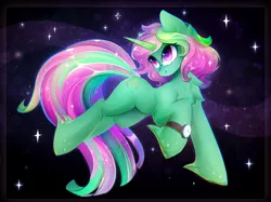 Size: 3200x2391 | Tagged: safe, artist:koveliana, derpibooru import, oc, oc:buggy code, unofficial characters only, pony, unicorn, chromatic aberration, digital art, female, glasses, high res, mare, solo, starry background, watch, wristwatch, ych result