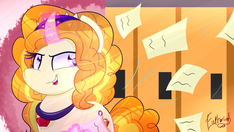 Size: 1024x576 | Tagged: safe, artist:lynchristina, derpibooru import, adagio dazzle, ponified, pony, unicorn, equestria girls, cover art, digital art, equestria girls ponified, evil grin, female, glowing horn, grin, looking sideways, magic, mare, signature, smiling, solo, telekinesis