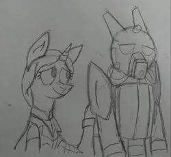 Size: 1809x1663 | Tagged: safe, artist:derpanater, derpibooru import, oc, oc:cloud dancer, oc:daisy ropes, unofficial characters only, unicorn, fallout equestria, armor, clothes, comforting, enclave, enclave armor, grand pegasus enclave, power armor, sad, traditional art