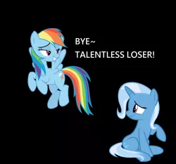 Size: 2060x1916 | Tagged: safe, derpibooru import, rainbow dash, trixie, pegasus, pony, unicorn, abuse, background pony strikes again, black background, bully, bullying, downvote bait, op is wrong, rainbow douche, sad, simple background, trixiebuse