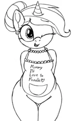 Size: 1848x3000 | Tagged: suggestive, artist:an-tonio, derpibooru import, oc, oc:golden brooch, semi-anthro, unicorn, apron, bipedal, clothes, cute, female, housewife, looking at you, milf, monochrome, mother, ocbetes, one eye closed, solo, solo female, underass, wink