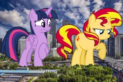 Size: 1550x1033 | Tagged: safe, artist:auskeldeo, artist:davidsfire, artist:godoffury, derpibooru import, sunset shimmer, twilight sparkle, twilight sparkle (alicorn), alicorn, pony, beijing, building, china, giant ponies in real life, giant pony, highrise ponies, irl, looking down, macro, photo, ponies in real life, raised hoof, skyscraper, story included