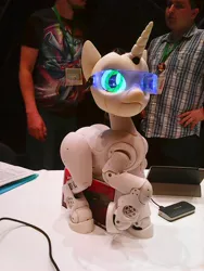 Size: 1200x1600 | Tagged: artist needed, safe, derpibooru import, sweetie belle, human, pony, robot, robot pony, unicorn, 2018, 3d printed, blank flank, female, filly, foal, galacon, galacon 2018, hooves, horn, interface, irl, photo, proto3, sweetie bot, sweetie bot project