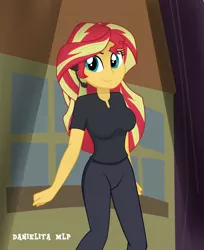 Size: 1024x1254 | Tagged: safe, artist:danielitamlp, derpibooru import, sunset shimmer, equestria girls, equestria girls series, opening night, breasts, busty sunset shimmer, clothes, cyoa, female, headset, looking at you, pants, smiling, solo, spotlight