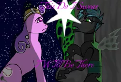 Size: 949x647 | Tagged: safe, artist:disneyfanatic2364, artist:kahnac, derpibooru import, screwball, oc, oc:prince mothball, changeling, pony, fanfic:daughter of discord, i will be there, love, romance, song reference, the count of monte cristo