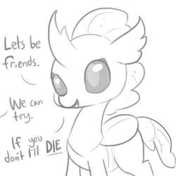 Size: 1650x1650 | Tagged: safe, artist:tjpones, derpibooru import, ocellus, changedling, changeling, cute, dark comedy, dialogue, female, lineart, monochrome, mood whiplash, simple background, sketch, smiling, solo, that escalated quickly, white background