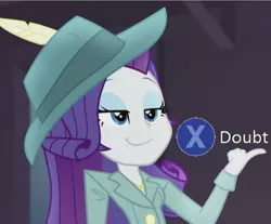 Size: 857x708 | Tagged: safe, artist:radicalweegee, derpibooru import, edit, edited screencap, screencap, rarity, equestria girls, equestria girls series, rarity investigates: the case of the bedazzled boot, cropped, detective rarity, doubt, hat, l.a. noire, press x to doubt, rarity investigates (eqg): pinkie pie