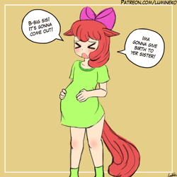 Size: 750x750 | Tagged: safe, artist:lumineko, derpibooru import, apple bloom, human, :3, :i, animated, apple, bait and switch, blushing, clothes, dx, eared humanization, fake pregnant, female, floppy ears, food, gif, humanized, image, implied brightbloom, implied incest, implied shipping, implied straight, labor, mommabloom, nichijou, pregnant, shirt, solo, speech bubble, tailed humanization, wait for it