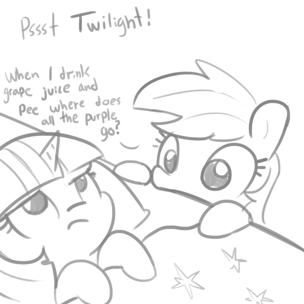 Size: 1650x1650 | Tagged: safe, artist:tjpones, derpibooru import, rainbow dash, twilight sparkle, pegasus, pony, bed, dialogue, duo, female, implied urine, inconvenient, inconvenient rainbow dash, lineart, mare, monochrome, simple background, sketch, twilight is not amused, unamused, white background