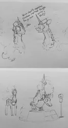 Size: 2448x4606 | Tagged: artist:greyscaleart, comic, constellation freckles, derpibooru import, dialogue, dream walker luna, duo, freckles, grayscale, high res, kiddie ride, monochrome, pacific rim, pencil drawing, princess celestia, princess luna, reference, royal sisters, safe, seahorse, simple background, sleepy time, spongebob squarepants, traditional art