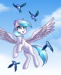 Size: 1800x2196 | Tagged: safe, artist:s-locon, derpibooru import, oc, oc:pegasus spectra, unofficial characters only, bird, blue jay, pegasus, pony, female, flying, mare, sky