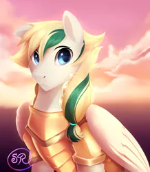 Size: 1989x2276 | Tagged: safe, artist:silk-ribbon, derpibooru import, oc, pegasus, pony, armor, bust, male, portrait, solo, stallion