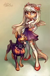 Size: 1771x2716 | Tagged: safe, artist:holivi, derpibooru import, oc, unofficial characters only, anthro, doberman, dog, plantigrade anthro, anthro oc, clothes, commission, female, flower, flower in hair, freckles, hand on hip, high heels, legs, mare, open mouth, pet, shoes, signature, skirt, socks, solo, stockings, thigh highs, tongue out, zettai ryouiki