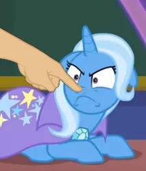 Size: 667x782 | Tagged: a matter of principals, boop, boop edit, cropped, cute, derpibooru import, diatrixes, disembodied hand, edit, edited screencap, finger, floppy ears, hand, madorable, non-consensual booping, safe, screencap, trixie, trixie is not amused, unamused