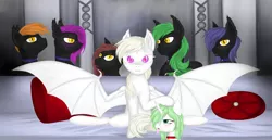 Size: 2904x1500 | Tagged: safe, artist:silviawing, derpibooru import, oc, oc:albi light wing, oc:edward, oc:kika, oc:norbert, oc:oswald, oc:steven, oc:tobias, unofficial characters only, bat pony, changeling, albino, albino changeling, amber eyes, black and blue, black and green, blue hair, collar, couch, female, green changeling, green hair, group, horn, male, mare, nightpony, orange hair, pillow, piper perri surrounded, purple eyes, purple hair, red hair, stallion, white hair