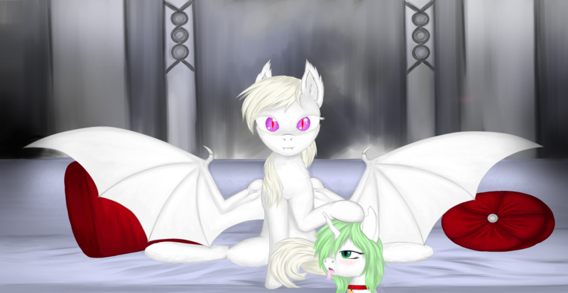 Size: 2904x1500 | Tagged: safe, artist:silviawing, artist:silviawing albino, derpibooru import, oc, oc:albi light wing, oc:kika, unofficial characters only, bat pony, changeling, albino, albino changeling, amber eyes, collar, couch, female, green changeling, green hair, horn, mare, nightpony, pillow, purple eyes, white hair, white skin