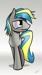 Size: 1080x1920 | Tagged: safe, artist:dori-to, derpibooru import, oc, oc:fizzygreen, pony, blue, commission, equine, gray, gray coat, male, sideways glance, simple background, smiling, smug, solo, stallion, walking, yellow