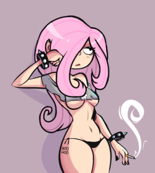 Size: 740x828 | Tagged: 4chan, artist:breezietype, artist:herny, belly button, breasts, cigarette, clothes, derpibooru import, drawthread, edit, eyeshadow, female, fluttershy, human, humanized, makeup, /mlp/, nail polish, panties, smoking, solo, solo female, spiked wristband, suggestive, tattoo, underboob, underwear, wristband