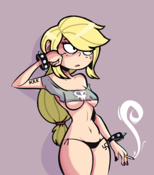 Size: 740x839 | Tagged: suggestive, artist:breezietype, artist:herny, derpibooru import, edit, applejack, human, /mlp/, 4chan, belly button, breasts, cigarette, clothes, drawthread, female, freckles, humanized, ku klux klan, nail polish, nazi, panties, rebellion, smoking, solo, solo female, spiked wristband, swastika, underboob, underwear, wristband