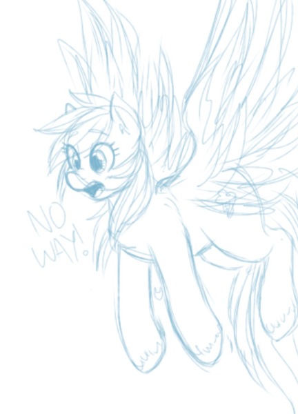 Size: 739x1027 | Tagged: artist needed, safe, derpibooru import, rainbow dash, pegasus, pony, /mlp/, 4chan, dialogue, drawthread, female, mare, monochrome, open mouth, simple background, sketch, solo, spread wings, unshorn fetlocks, white background, wings