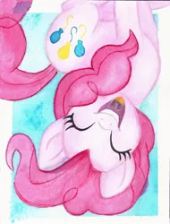 Size: 670x882 | Tagged: safe, artist:astevenamedwolf, derpibooru import, pinkie pie, pony, eyes closed, female, in which pinkie pie forgets how to gravity, mare, movie accurate, open mouth, pinkie being pinkie, pinkie physics, smiling, solo, upside down