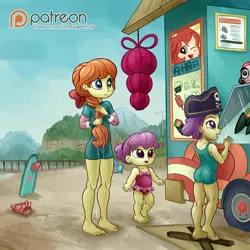 Size: 2000x2000 | Tagged: safe, artist:smudge proof, derpibooru import, lily pad (equestria girls), megan williams, water lily (equestria girls), equestria girls, equestria girls series, ass, barefoot, beach, braid, butt, clothes, feet, female, food, food truck, hat, one-piece swimsuit, sisters, sushi, swimsuit, toddler