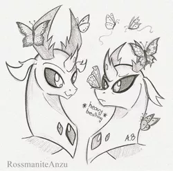 Size: 1437x1419 | Tagged: artist:rossmaniteanzu, butterfly, changedling, changedling brothers, changeling, cute, derpibooru import, descriptive noise, gray background, grayscale, heavy breathing, king thorax, male, monochrome, pharybetes, pharynx, prince pharynx, safe, scared, simple background, sketch, thorabetes, thorax, traditional art