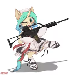 Size: 1520x1646 | Tagged: safe, artist:orang111, derpibooru import, oc, oc:coconut daiquiri, unofficial characters only, classical unicorn, unicorn, assault rifle, bipedal, clothes, cloven hooves, crossover, cute, dress, female, g36, girl's frontline, glasses, gun, heckler and koch, hoof hold, leonine tail, maid, ocbetes, one eye closed, rifle, solo, weapon
