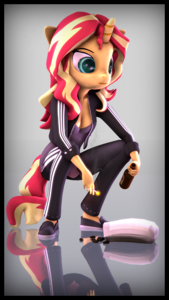 Size: 2160x3840 | Tagged: safe, artist:imafutureguitarhero, derpibooru import, sunset shimmer, anthro, plantigrade anthro, unicorn, equestria girls, 3d, adidas, alcohol, bag, beer, border, breasts, chromatic aberration, cigarette, cigarette smoke, cleavage, clothes, dress, female, film grain, floppy ears, freckles, gopnik, high res, horn, jacket, looking down, mare, multicolored hair, pants, reflection, seeds, shoes, slav, smoke, solo, source filmmaker, squatting, tail, tracksuit, vertical