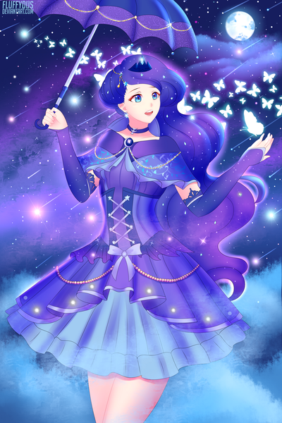 Size: 1280x1920 | Tagged: artist:fluffydus, butterfly, derpibooru import, female, human, humanized, meteor shower, moon, princess luna, safe, solo, stars, umbrella