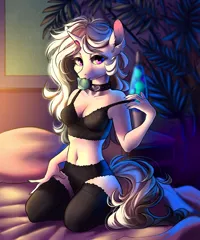 Size: 2500x3000 | Tagged: questionable, artist:tabu-rat, derpibooru import, oc, unofficial characters only, anthro, unicorn, anthro oc, bed, bedroom, black underwear, bra, breasts, cleavage, clothes, collar, condom, condom in mouth, fangs, female, frilly underwear, kneeling, lace, lava lamp, lingerie, looking at you, mare, mouth hold, off shoulder, on bed, panties, plant, solo, solo female, stockings, thigh highs, underwear, undressing