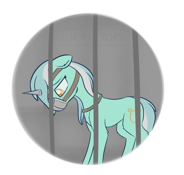 Size: 1585x1509 | Tagged: safe, artist:dusthiel, derpibooru import, lyra heartstrings, pony, unicorn, atg 2018, bars, captured, collar, female, floppy ears, glue factory, horn cap, looking down, magic suppression, mare, muzzle, newbie artist training grounds, sad, simple background, solo, transparent background