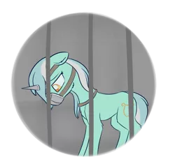 Size: 1585x1509 | Tagged: safe, artist:dusthiel, derpibooru import, lyra heartstrings, pony, unicorn, atg 2018, bars, captured, collar, female, floppy ears, glue factory, horn cap, looking down, magic suppression, mare, muzzle, newbie artist training grounds, sad, simple background, solo, transparent background