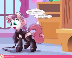 Size: 1661x1346 | Tagged: suggestive, artist:sip, derpibooru import, sweetie belle, pony, unicorn, fanfic:breaking the belle, blank flank, clothes, collar, cuffs, female, filly, image, implied foalcon, implied incest, implied lesbian, implied pet play, implied raribelle, latex, latex socks, latex suit, leash, leather boots, leotard, pet collar, png, socks, stockings, story included, sweetiesub, thigh highs, wrong eye color