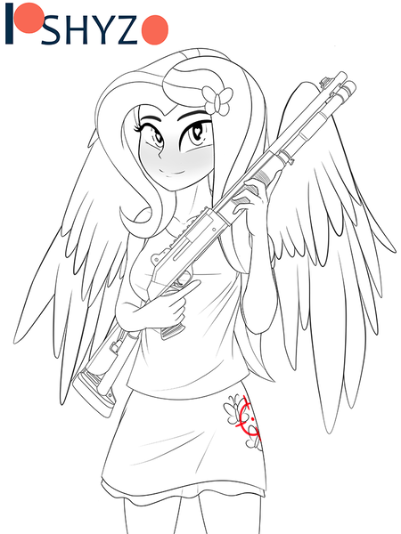 Size: 720x960 | Tagged: safe, artist:pshyzomancer, derpibooru import, fluttershy, equestria girls, benelli m4, benelli m4 super 90, black and white, blushing, clothes, grayscale, gun, heart eyes, lineart, monochrome, ponied up, shotgun, trigger discipline, weapon, wingding eyes, wings, xm1014