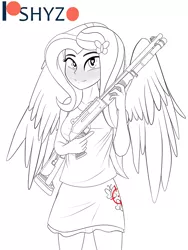 Size: 720x960 | Tagged: safe, artist:pshyzomancer, derpibooru import, fluttershy, equestria girls, benelli m4, benelli m4 super 90, black and white, blushing, clothes, grayscale, gun, heart eyes, lineart, monochrome, ponied up, shotgun, trigger discipline, weapon, wingding eyes, wings, xm1014