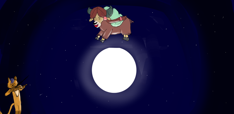 Size: 2508x1228 | Tagged: artist:horsesplease, capper dapperpaws, cat, derpibooru import, fiddle, hey diddle diddle, moon, my little pony: the movie, night, paint tool sai, safe, song reference, stars, violin, yak, yona