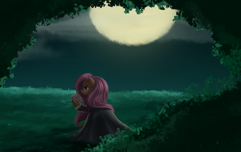 Size: 4592x2893 | Tagged: safe, artist:ailatf, derpibooru import, fluttershy, pegasus, pony, clothes, dress, female, full moon, mare, moon, night, robe, solo, white rose