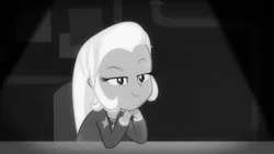 Size: 1280x720 | Tagged: safe, derpibooru import, screencap, trixie, equestria girls, equestria girls series, rarity investigates: the case of the bedazzled boot, monochrome, rarity investigates (eqg): trixie, solo